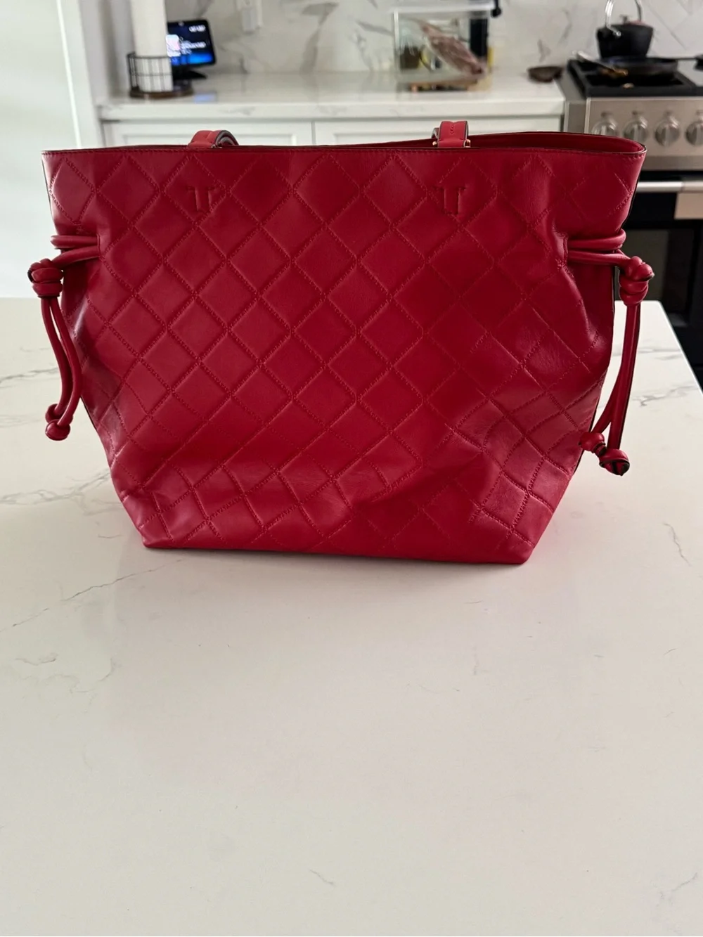 Tory Burch Georgia Slouchy Red Quilted Leather Tote with Gold Logo